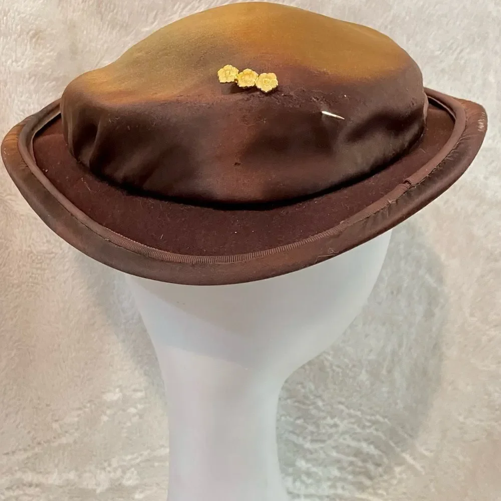 Vintage 1940s Bronze Satin Dish Hat with Golden Cloisonné Hat Pin - Picture 4 of 12